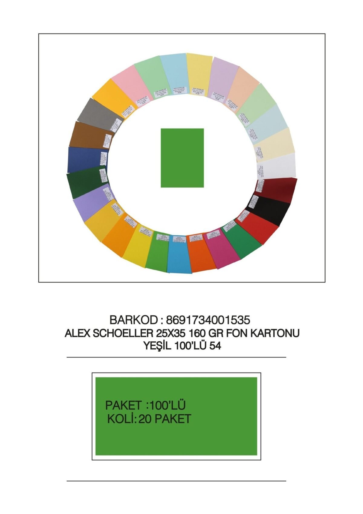 ALEX FON KARTONU 25X35 ALX 2654 ACIK YESIL - Görsel 1