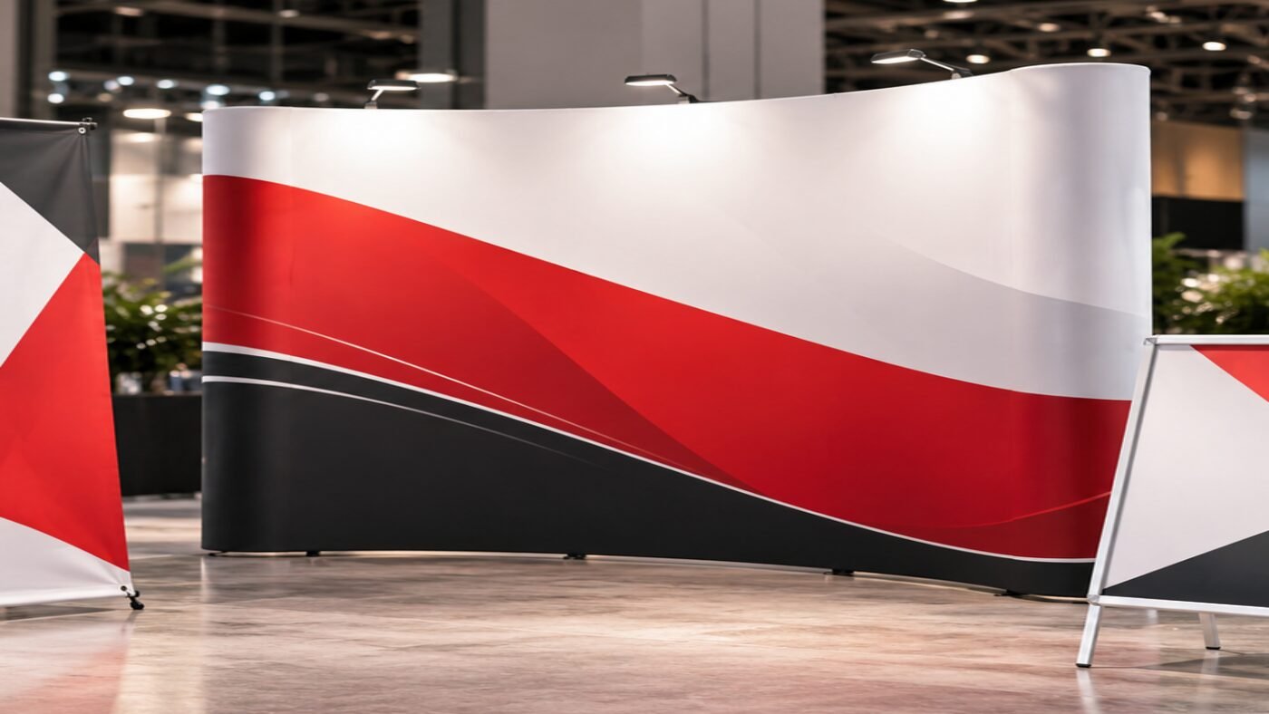 Kavisli örümcek stand ve pop-up display sistemini açıkça gösteren özgün görsel