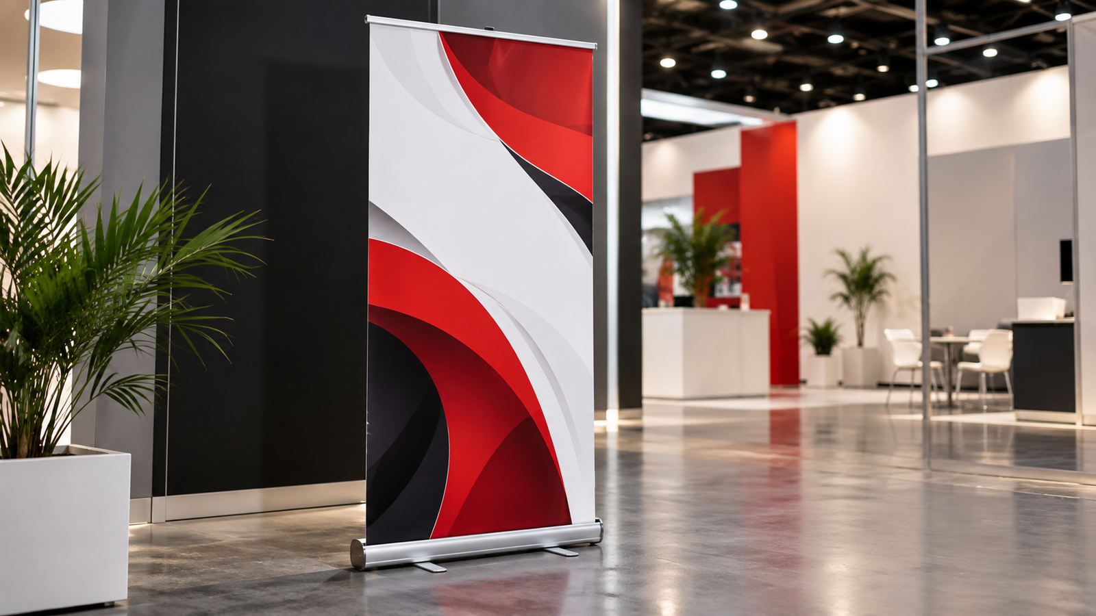 Roll-up banner sistemini açık ve net gösteren özgün görsel