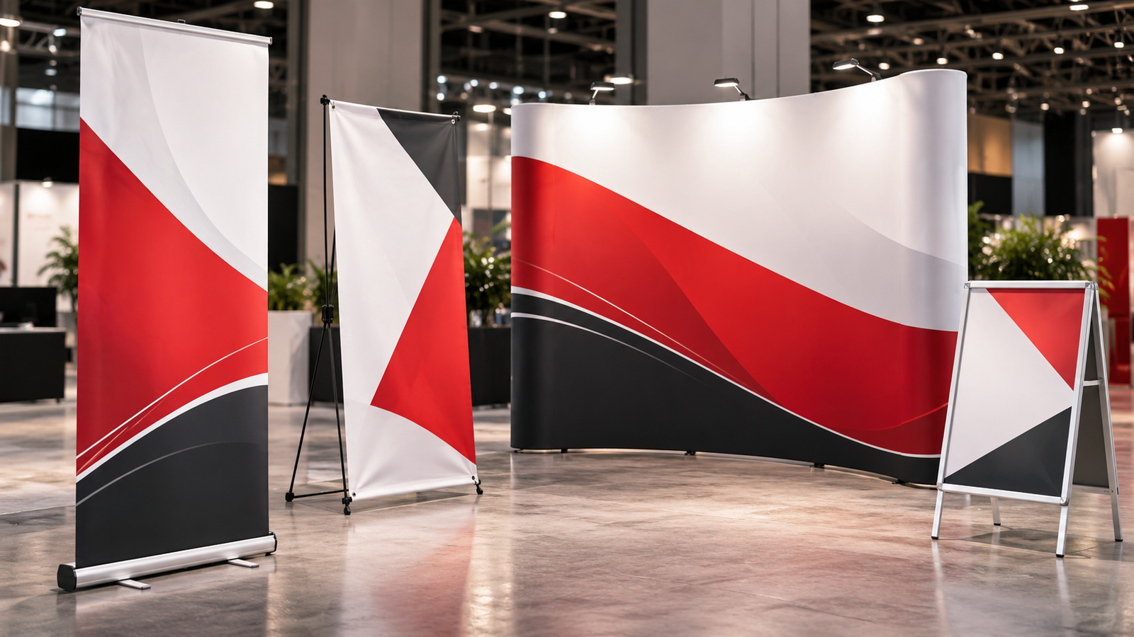 Roll-up, X banner, örümcek stand ve ayaklı panoyu birlikte gösteren stand ve display ürünleri